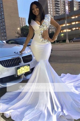 Sexy V-Neck Cap Sleeves White Prom Dresses | Rhinestone Mermaid 2021 Evening Gowns BC0692_3