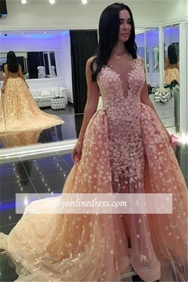 Mermaid Pink Puffy Dubai-Muslim Sexy Detachable-Train Evening Dresses_3