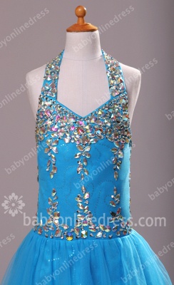 Blue Flower Girls Dresses Halter Sleeveless Crystal Sequins Floor Length Sheath Chiffon Girls Pageant Gowns_2