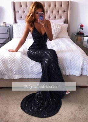 Mermaid New Black Spaghetti-Straps Long Prom Dresses_1