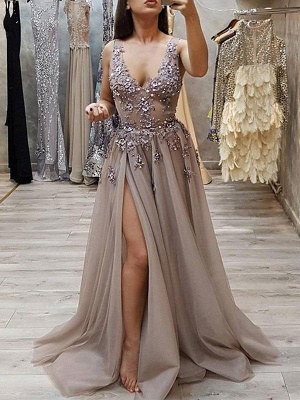 Sexy High Slit A-line Prom Dresses | V-Neck Beading Evening Gowns BC0483_2