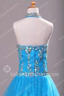 Blue Flower Girls Dresses Halter Sleeveless Crystal Sequins Floor Length Sheath Chiffon Girls Pageant Gowns_5