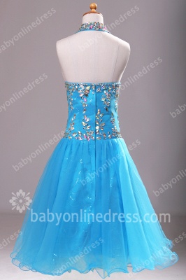 Blue Flower Girls Dresses Halter Sleeveless Crystal Sequins Floor Length Sheath Chiffon Girls Pageant Gowns_4