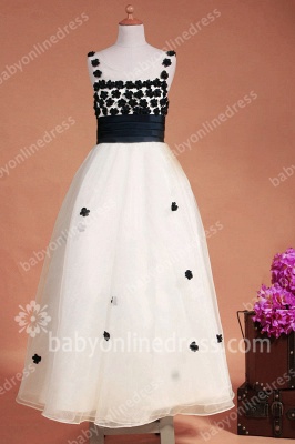 Black And White Flower Girls Dresses Straps Sleeveless Flower A Line Floor Length Zipper Girls Pageant Gowns_3