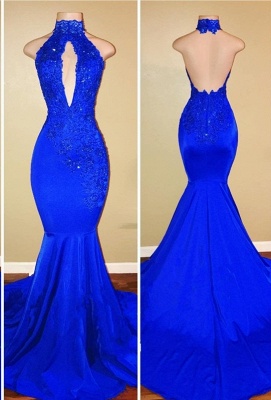 Royal Blue Mermaid Prom Dresses | Halter Backless Evening Gowns with Keyhole Neckline_2