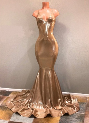 Shiny Gold Mermaid Prom Dresses | Spaghettis Straps Backless Evening Gowns_3