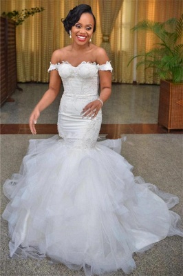 Modest Tulle Off-the-shoulder Short-Sleeve Lace-up Mermaid Lace Wedding Dress_2
