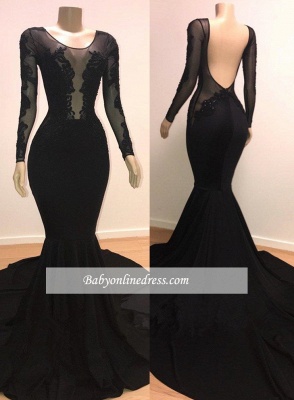 Elegant Long Sleeves Scoop Black Prom Dresses | Lace-Appliques Mermaid Evening Gowns BC0872_3