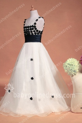 Black And White Flower Girls Dresses Straps Sleeveless Flower A Line Floor Length Zipper Girls Pageant Gowns_6