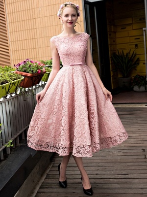Glamorous Tea-Length A-Line Lace-up Lace Homecoming Dresses with Beadings_1