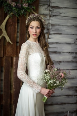 Elegant Long Sleeves Chiffon Wedding Dresses Lace-up Court Train Bridal Gowns_6