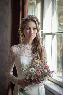 Elegant Long Sleeves Chiffon Wedding Dresses Lace-up Court Train Bridal Gowns_3