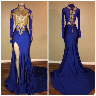 Royal Blue and Gold Prom Dresses | Long Sleeves Side Slit Evening Gowns_4