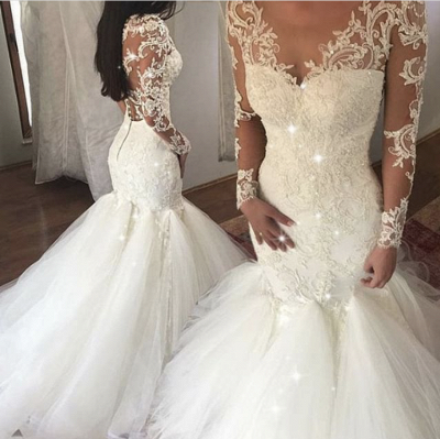 Sexy Lace Mermaid Wedding Dresses | V-Neck Long Sleeves Bridal Gowns_2