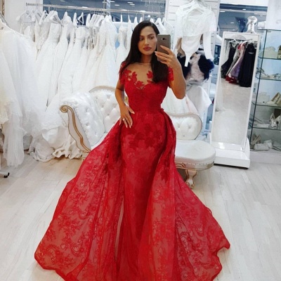 Elegant Red Lace Evening Gowns | Short Sleeves Prom Dresses with Overskirt_2