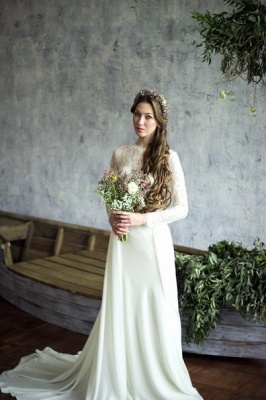 Elegant Long Sleeves Chiffon Wedding Dresses Lace-up Court Train Bridal Gowns_2