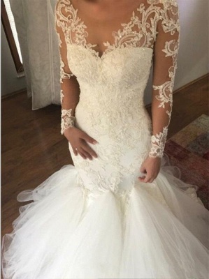 Sexy Lace Mermaid Wedding Dresses | V-Neck Long Sleeves Bridal Gowns_1
