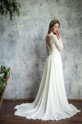 Elegant Long Sleeves Chiffon Wedding Dresses Lace-up Court Train Bridal Gowns_5