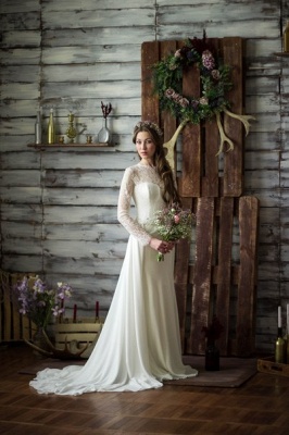 Elegant Long Sleeves Chiffon Wedding Dresses Lace-up Court Train Bridal Gowns_7