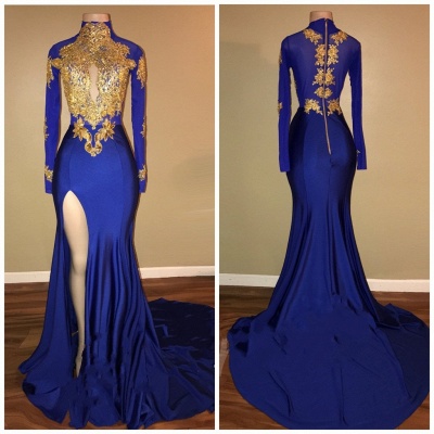 Royal Blue and Gold Prom Dresses | Long Sleeves Side Slit Evening Gowns_3