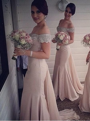 Sexy Off-the-Shoulder Mermaid Bridesmaid Dresses Sweep Train Beaded Party Dresses_1
