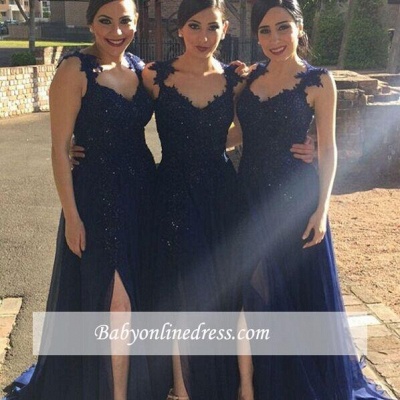 Navy Blue Lace Appliques Side-Slit Chiffon A-line Bridesmaid Dresses_1