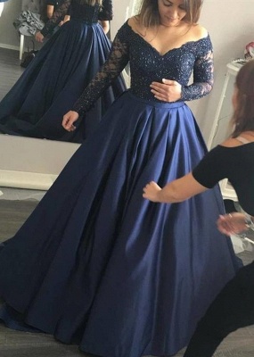 Navy-Blue Elegant Lace Long-Sleeves Off-the-Shoulder Prom Dress_4