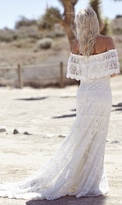 2021 Bohemian Wedding Dresses Off the Shoulder Scalloped Crochet Lace Beach Bridal Gowns_4