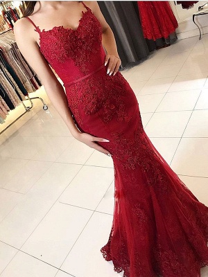 Elegant Sleeveless Mermaid Prom Dresses | Spaghettis Straps Lace Appliques Evening Gowns_1