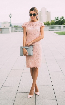 Chic Blushing Pink Party Dresses | Capped Short Sleeves Sheath Formal Dresses_1