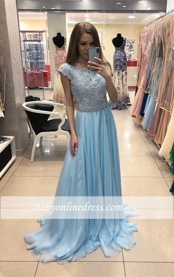 Blue Lace Cap-Sleeve Elegant Chiffon Long Evening Dress_3