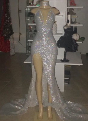 Shiny Silver Sequin Prom Dresses | Halter Neck Slit Party Dress_2