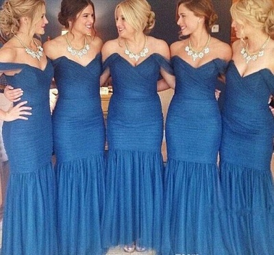 Blue Ruched Mermaid Bridesmaid Dresses Off the shoulder Maid of Honor Dresses_2