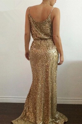 Sexy Sequined Prom Dresses Split Spaghetti Strap Long Formal Wears_3