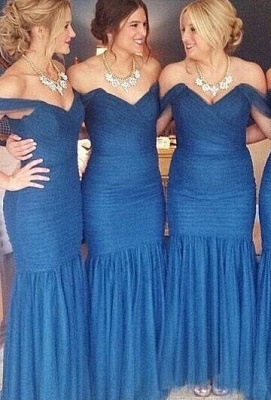 Blue Ruched Mermaid Bridesmaid Dresses Off the shoulder Maid of Honor Dresses_3