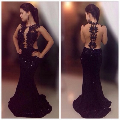 Black Lace Sequins Prom Dresses Mermaid Long Formal Dress_3