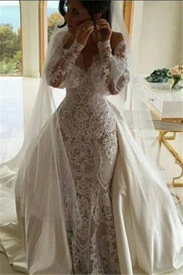 Sexy Long Sleeves V-Neck Bridal Gowns | White Mermaid Appliques Wedding Dresses_1