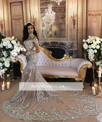 Luxury Silver Mermaid Wedding Dresses | Long Sleeves Lace High Neck Bridal Gowns_1