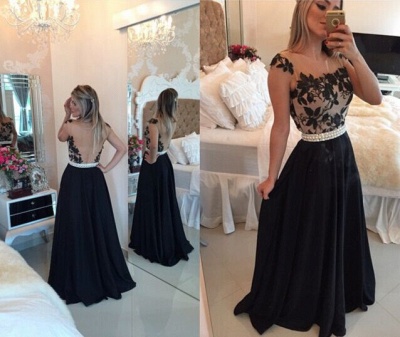 Sheer Lace Black Chiffon Prom Dresses Capped Sleeves Pearls Belt Open Back Modest Formal Long Evening Gowns_6