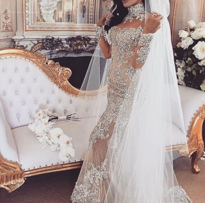 Luxury Silver Mermaid Wedding Dresses | Long Sleeves Lace High Neck Bridal Gowns_4