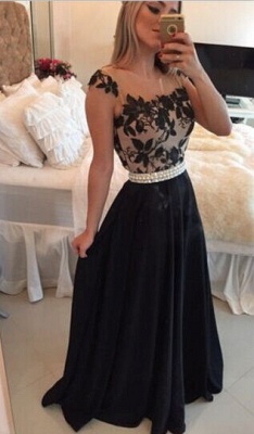 Sheer Lace Black Chiffon Prom Dresses Capped Sleeves Pearls Belt Open Back Modest Formal Long Evening Gowns_5