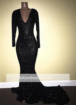 V-Neck Mermaid Shiny Black Sequins Long-Sleeves Prom Dresses_3