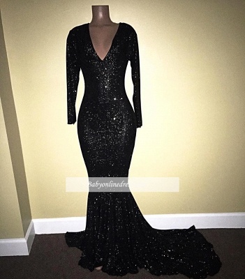 V-Neck Mermaid Shiny Black Sequins Long-Sleeves Prom Dresses_2