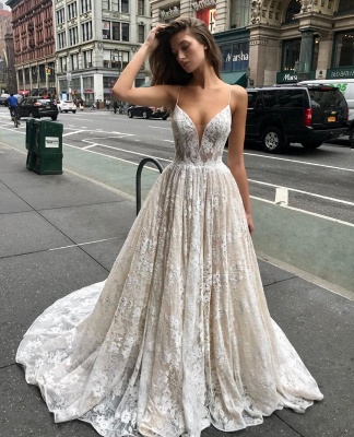 Sexy Lace A-Line Wedding Dresses | Spaghetti Straps long Bridal Gowns_2