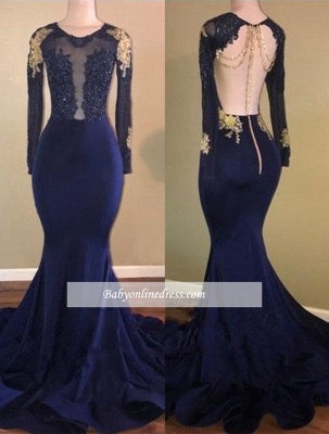 Gold-Appliques Sheer Mermaid Long-Sleeves Navy-Blue Prom Dresses_3