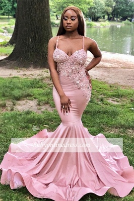 Sexy Spaghetti-Straps Sleeveless Prom Dresses | Appliques Pink Sequins Mermaid Evening Gowns_5