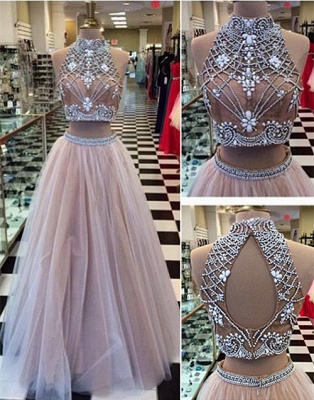 2021 Two Piece Crystals Long Prom Dresses High Neck Tulle Hollow Back Junior Vintage Party Dresses_1