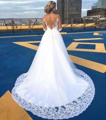 Elegant Long Sleeves A-Line Wedding Dresses | V-Neck Lace Appliques Long Bridal Gowns_4