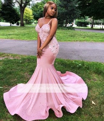 Sexy Spaghetti-Straps Sleeveless Prom Dresses | Appliques Pink Sequins Mermaid Evening Gowns_4