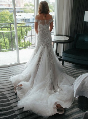 Elegant Lace Mermadi Wedding Dresses | Off The Shoulder Short Sleeves Tulle Bridal Gowns_2